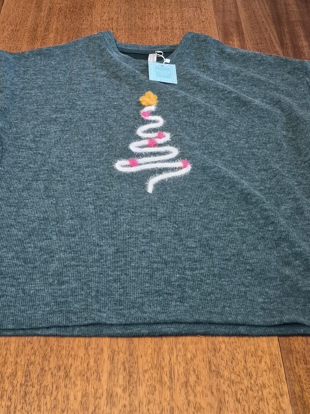 Coastal Teal Knit Sweater with Festive Tree Motif Size Small